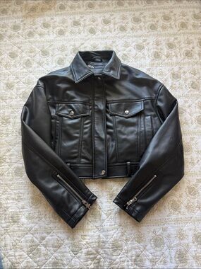 Zara Cropped Black Faux Leather Trucker Jacket